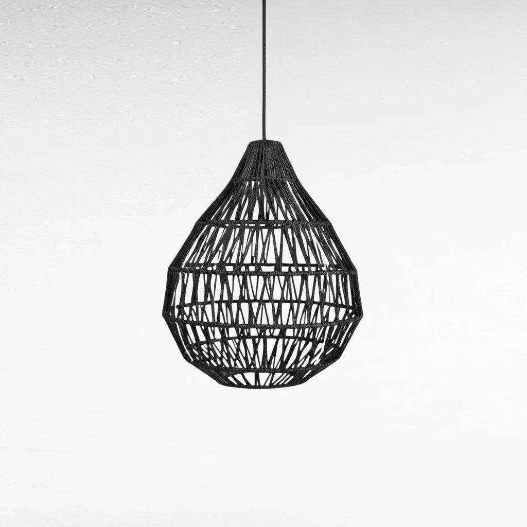 Chora Barefoot Luxury Living black geometric weave pendant lamp, handmade rope, 70cm diameter, 100cm height