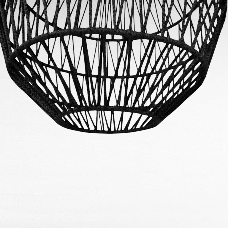 Chora Barefoot Luxury Living black woven rope pendant lamp with geometrical pattern, 70cm diameter.