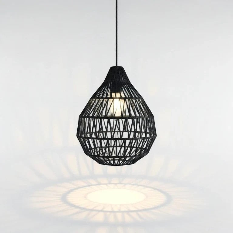 Chora Barefoot Luxury Living black geometric woven pendant lamp with open weave design