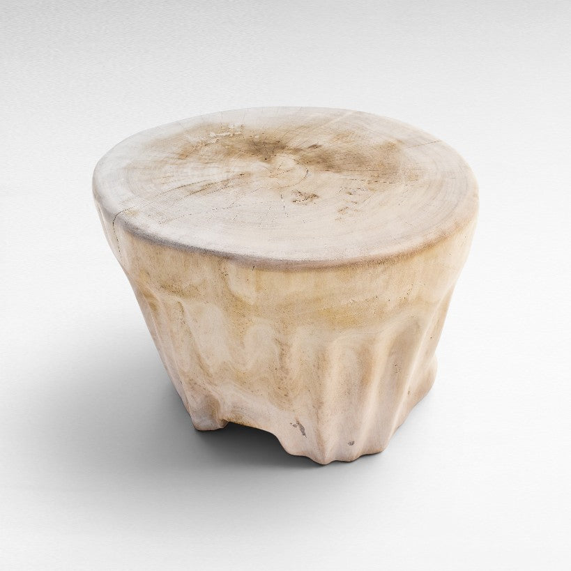 Chora Barefoot Luxury Living bleached suar wood stool with a natural live edge round top and organic textured base.