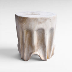 Chora Barefoot Luxury Living bleached suar wood stool with a unique organic carved base and natural grain texture.