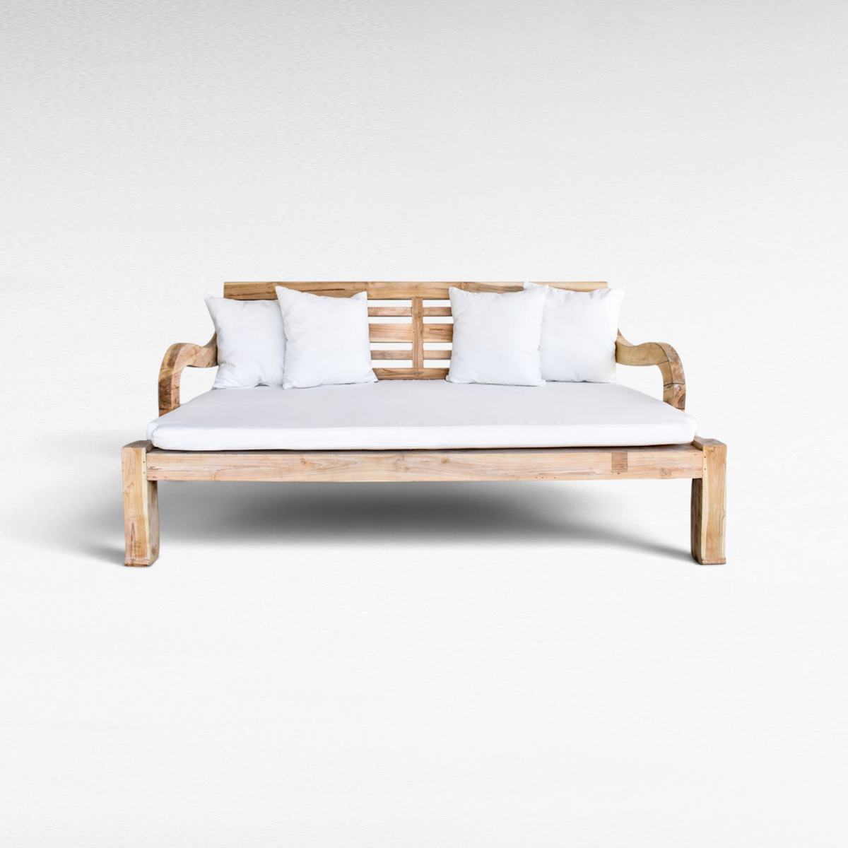 Chora Barefoot Luxury Living bleached teak wood double daybed with white mattress and four matching throw pillows