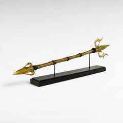 Chora Barefoot Luxury Living brass golden sword with ornate detailing and a black display stand.