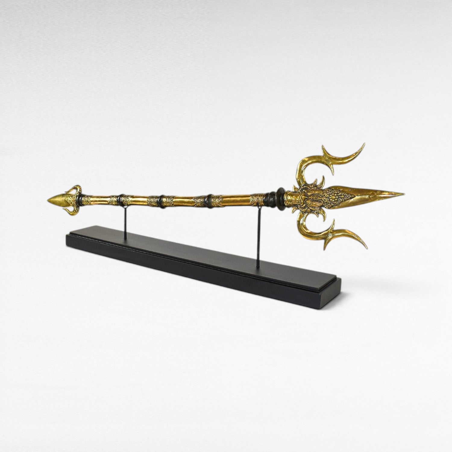 Chora Barefoot Luxury Living ornate golden brass trident spear with decorative stand