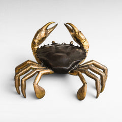 Chora Barefoot Luxury Living oversized bronze crab sculpture with polished brass claws and legs, black and gold finish.