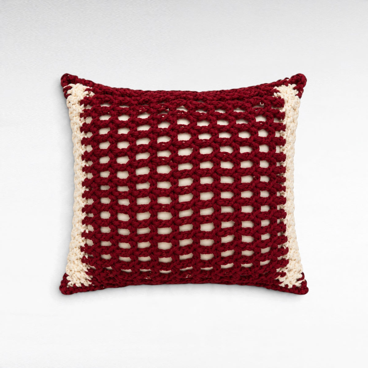 Chora Barefoot Luxury Living burgundy and cream cotton rope decorative throw pillow with a textured woven grid design.
