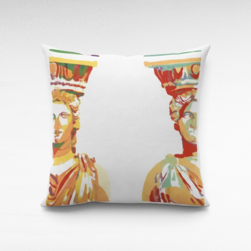 Chora Barefoot Luxury Living square throw pillow featuring a colorful artistic print of two classical caryatids.
