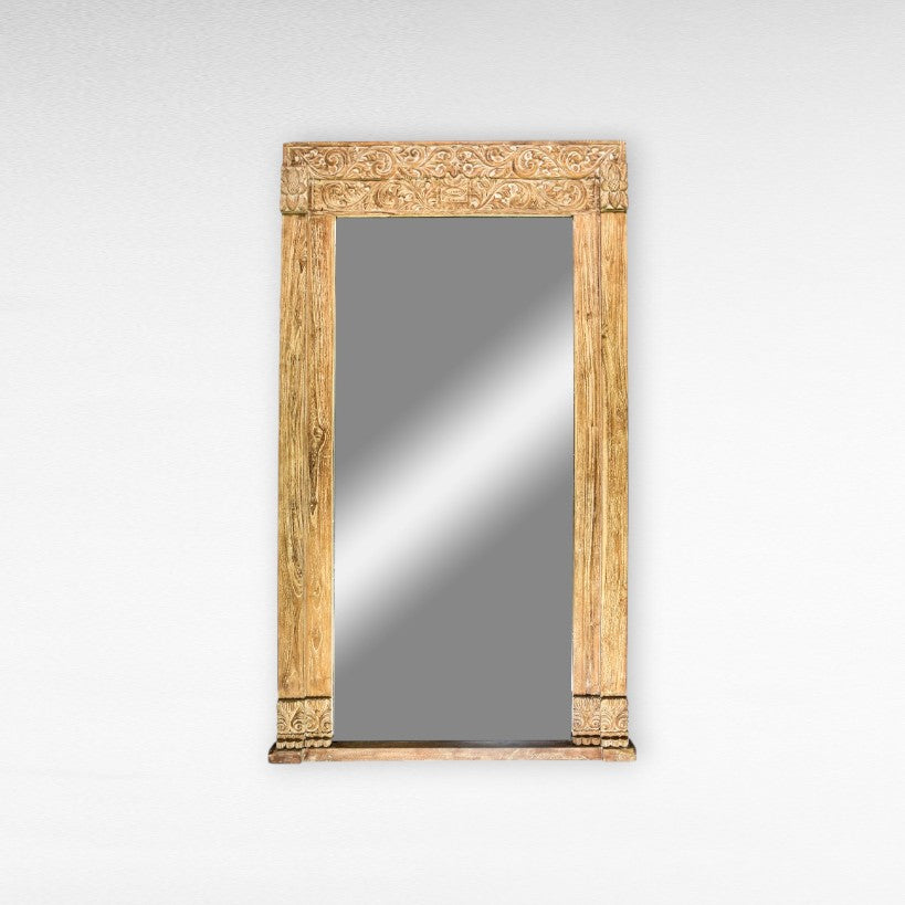 Chora Barefoot Luxury Living carved wood mirror with ornate detailing, natural wood finish, 135cm height.