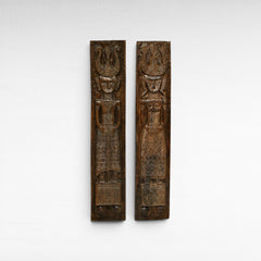 Chora Barefoot Luxury Living set of two carved wooden statues, man and woman, 210cm tall, intricate patterns.
