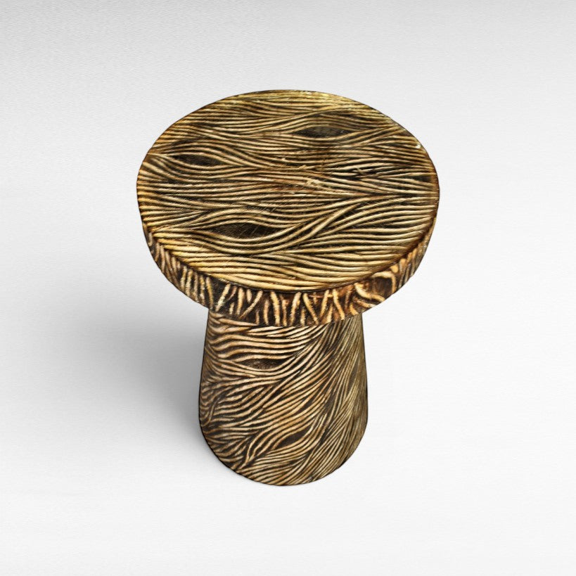 Chora Barefoot Luxury Living carved wooden side table with wavy line pattern, natural wood finish, H60cm
