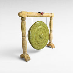 Chora Barefoot Luxury Living ceremonial gong decoration, green, wooden stand, decorative accent