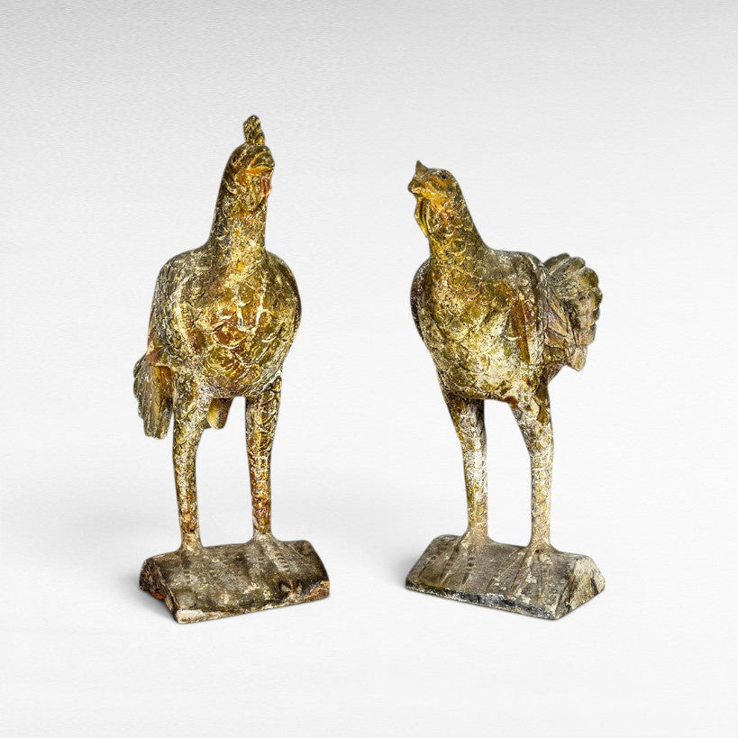 Chora Barefoot Luxury Living set of two antique gold distressed chicken statues. Detailed textured feathers and bases.