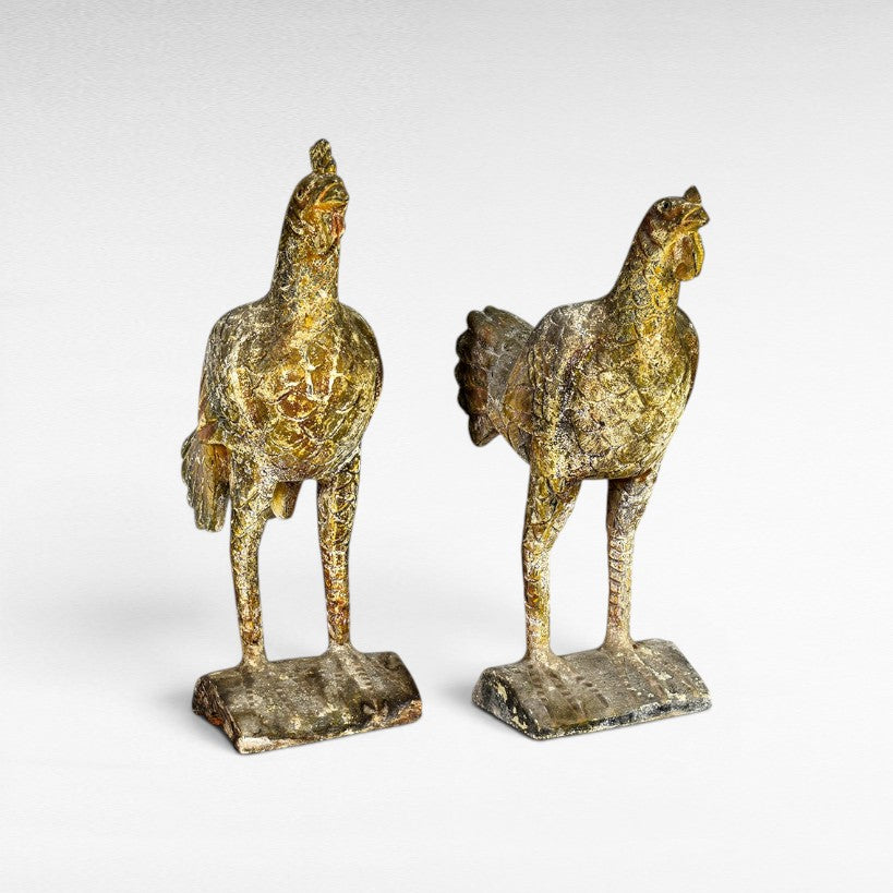 Chora Barefoot Luxury Living set of two distressed gold-tone chicken statues with textured feathers and detailed legs.
