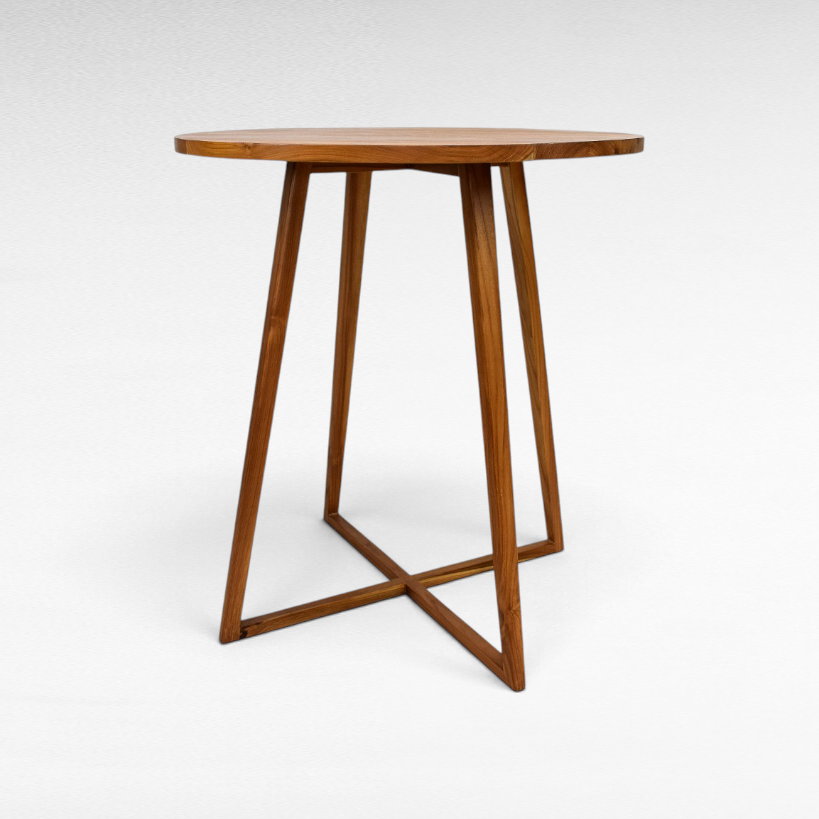 Chora Barefoot Luxury Living circular wooden bar table with a minimalist design and cross-base legs