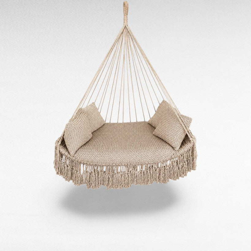 Chora Barefoot Luxury Living beige cotton rope hanging hammock chair with fringe detail and two matching cushions