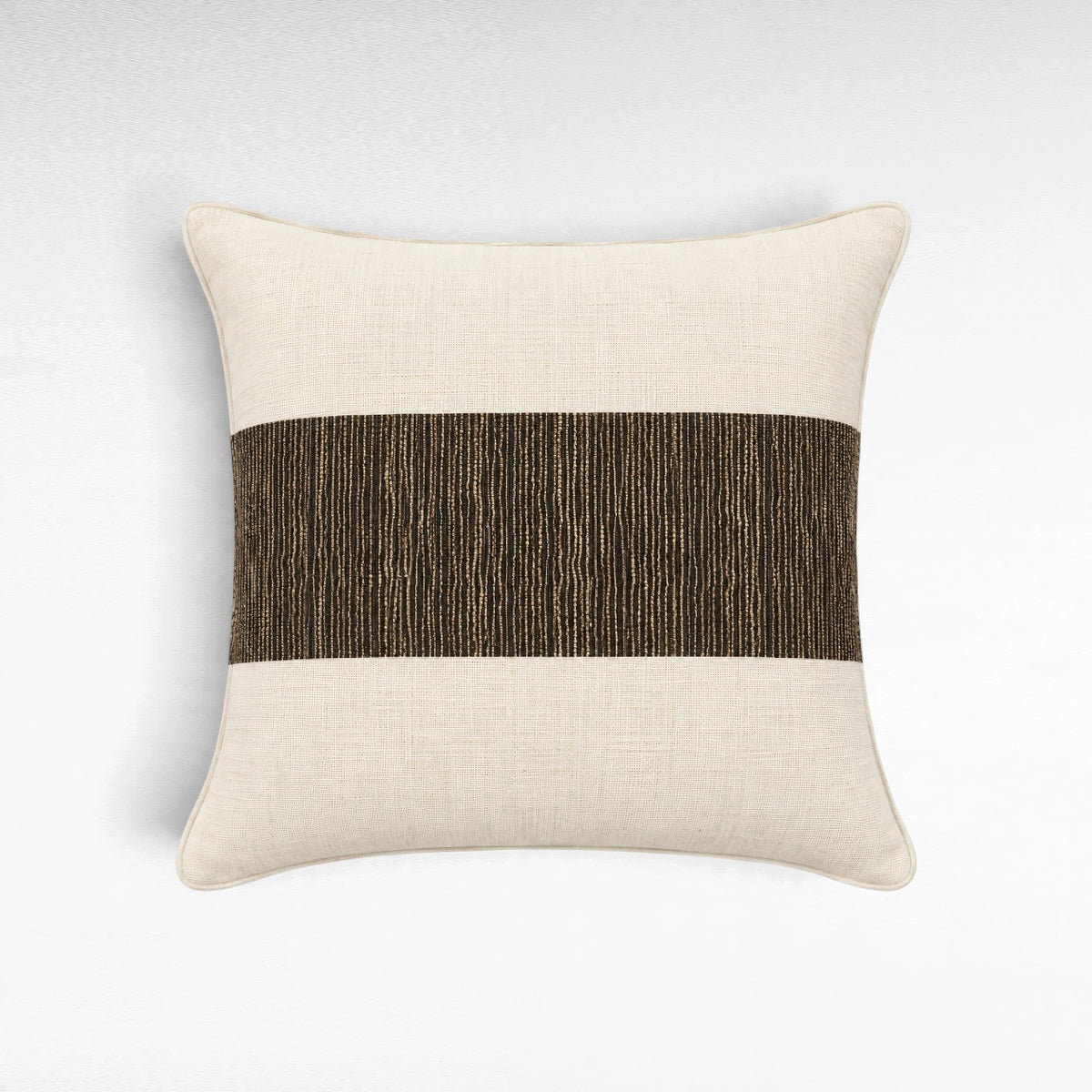 Chora Barefoot Luxury Living square cotton throw pillow in cream with a textured dark brown horizontal center stripe