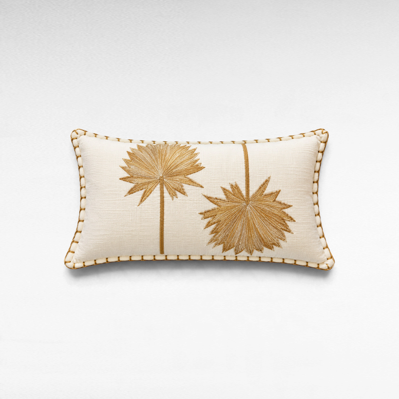 Chora Barefoot Luxury Living rectangular throw pillow in cream linen with gold embroidered palm tree motifs
