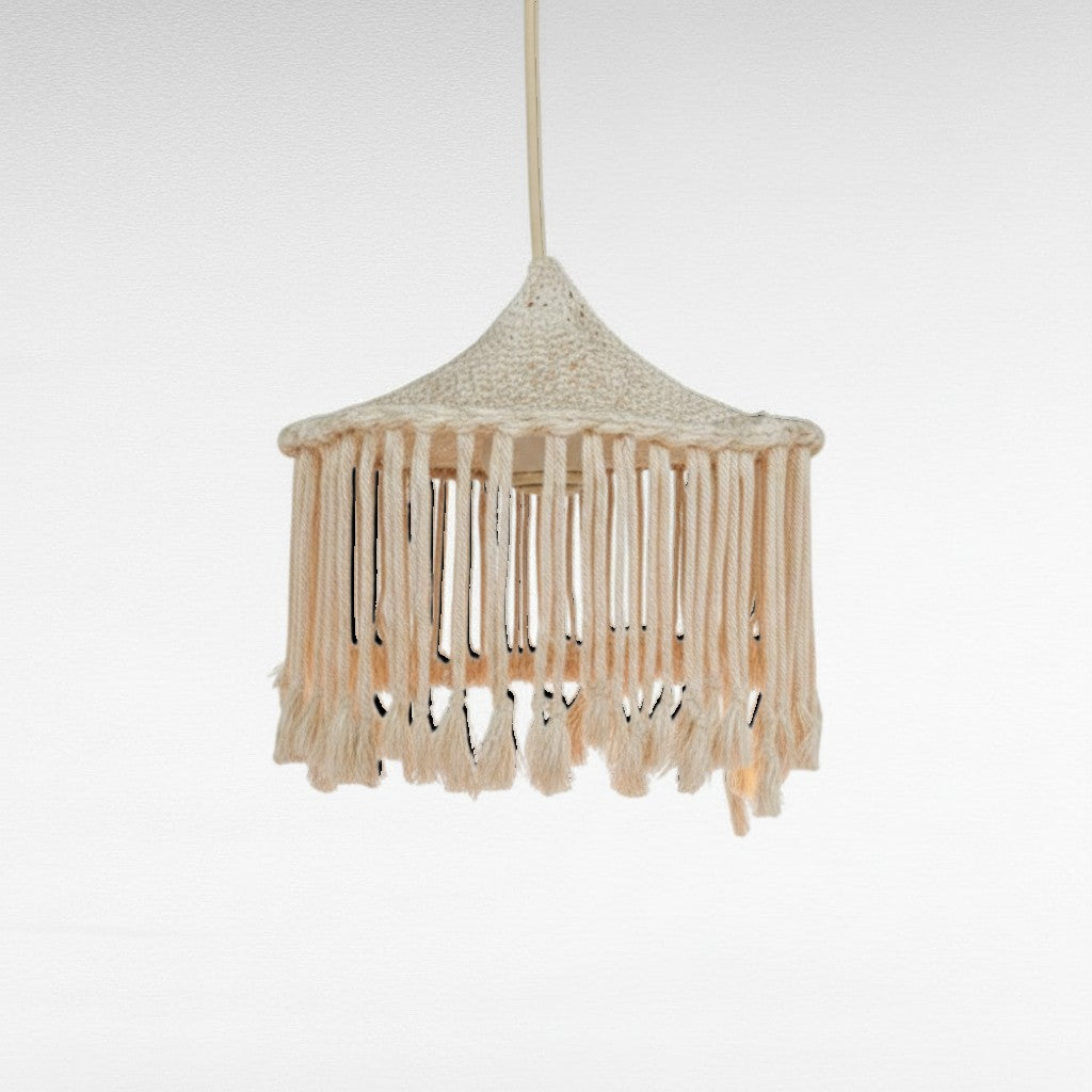 Chora Barefoot Luxury Living cream cotton rope pendant light with cascading fringes and tassels