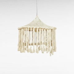 Chora Barefoot Luxury Living cream cotton rope pendant light with fringes, conical top, 65cm diameter, 60cm height.