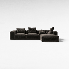 Chora Barefoot Luxury Living Sofa Color Base in dark brown velvet with matching plush cushions on a white background.
