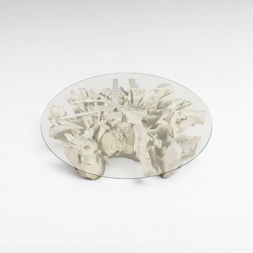Chora Barefoot Luxury Living white washed driftwood coffee table with clear glass top