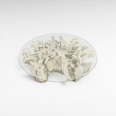 Chora Barefoot Luxury Living white washed driftwood coffee table with clear glass top
