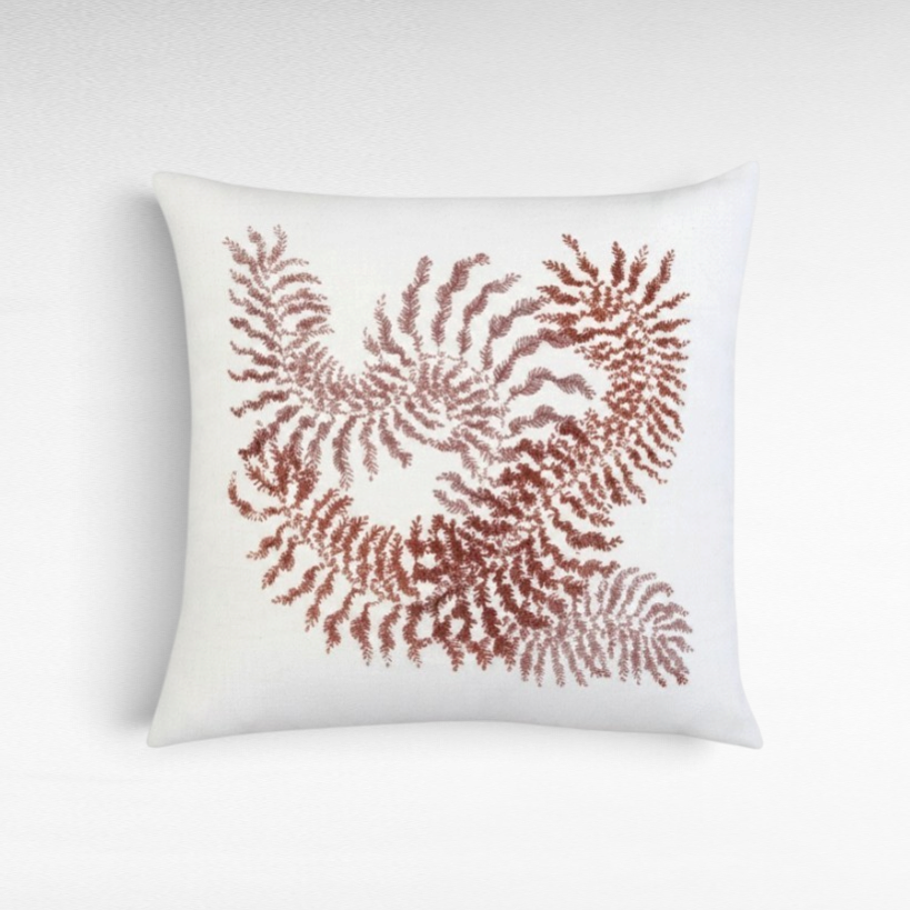 Chora Barefoot Luxury Living square white throw pillow featuring a detailed red and rose fern leaf botanical print.