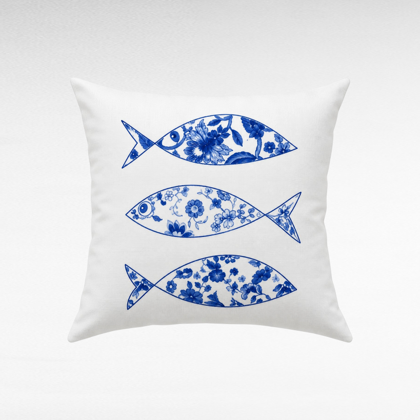 Chora Barefoot Luxury Living square white throw pillow featuring three blue floral pattern fish illustrations