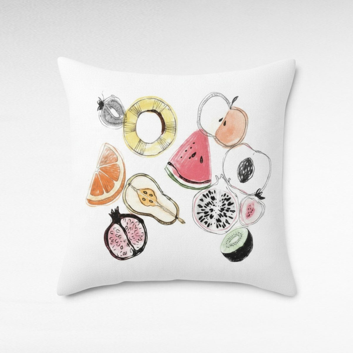 Chora Barefoot Luxury Living square white throw pillow featuring a colorful hand-drawn fruit salad illustration.