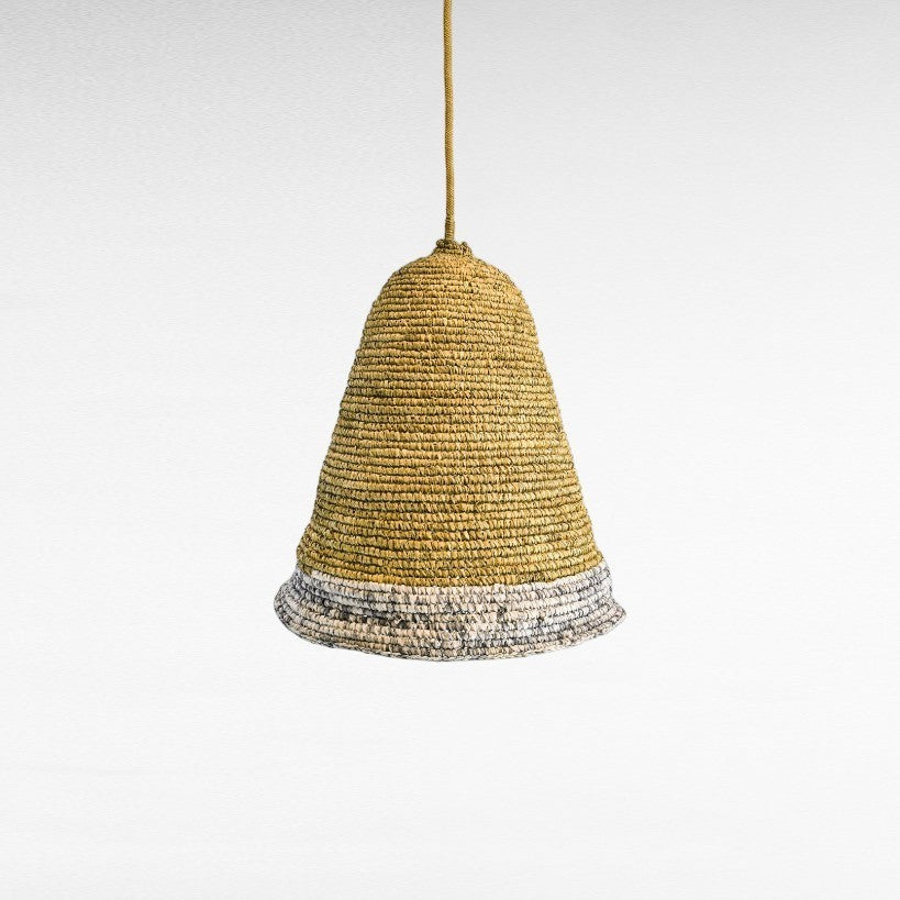 Chora Barefoot Luxury Living natural grass and cotton pendant light, bell-shaped with a woven texture and grey trim.