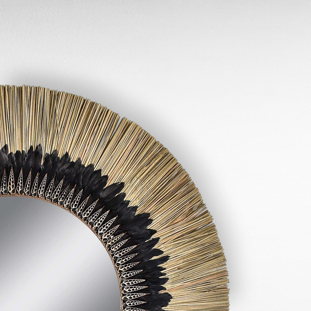 Chora Barefoot Luxury Living round mirror with natural grass and black feathers, 100cm diameter