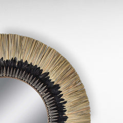 Chora Barefoot Luxury Living round mirror with natural grass and black feathers, 100cm diameter