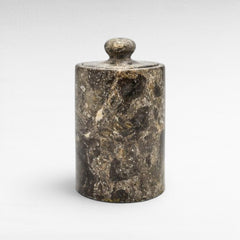 Chora Barefoot Luxury Living grey stone toothbrush holder with a minimalist cylindrical design and matching lid.