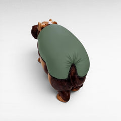 Chora Barefoot Luxury Living hippo stool with a sage green upholstered seat and brown leather body, top view.
