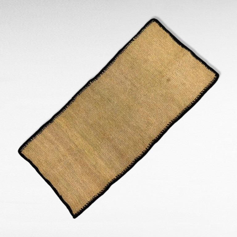 Chora Barefoot Luxury Living natural jute runner rug with black crocheted border, 90cm wide.