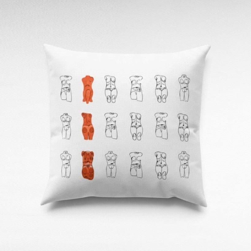 Chora Barefoot Luxury Living square white throw pillow featuring a grid of black line art and orange torso figures.