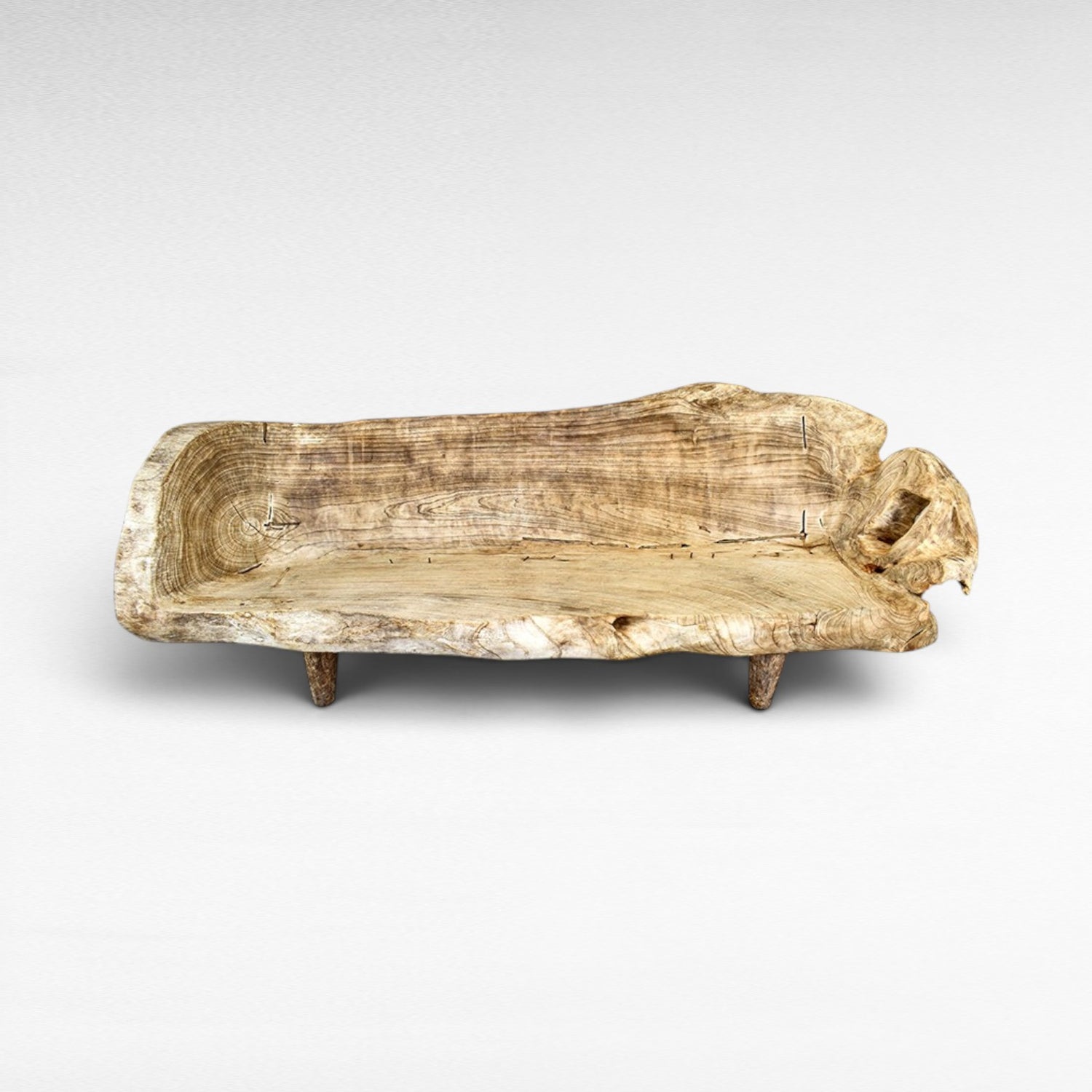 Chora Barefoot Luxury Living rustic live edge wood bench with carved seat and natural wood grain