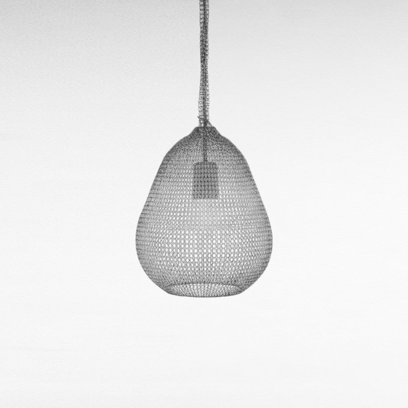 Chora Barefoot Luxury Living Drift Mesh Pendant, handwoven metal wire cocoon shape pendant light, matte silver finish.