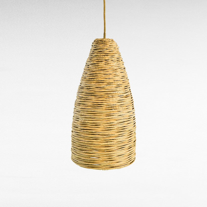 Chora Barefoot Luxury Living natural rattan cone pendant light, handcrafted eco-friendly bamboo lighting fixture.