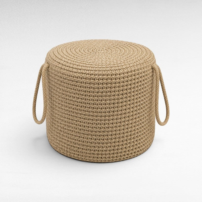Chora Barefoot Luxury Living round natural rope stool with woven texture and side handles for easy carrying