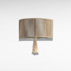 Chora Barefoot Luxury Living natural cotton rope and metal frame wall lamp with tassel detail, 33cm wide.