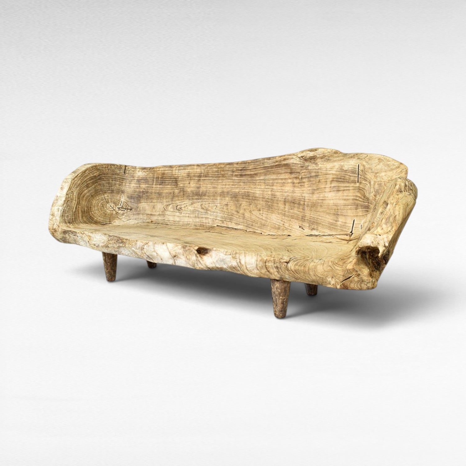 Chora Barefoot Luxury Living natural wood bench with carved seat and back, rustic design.