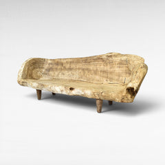 Chora Barefoot Luxury Living natural wood bench with carved seat and back, rustic design.