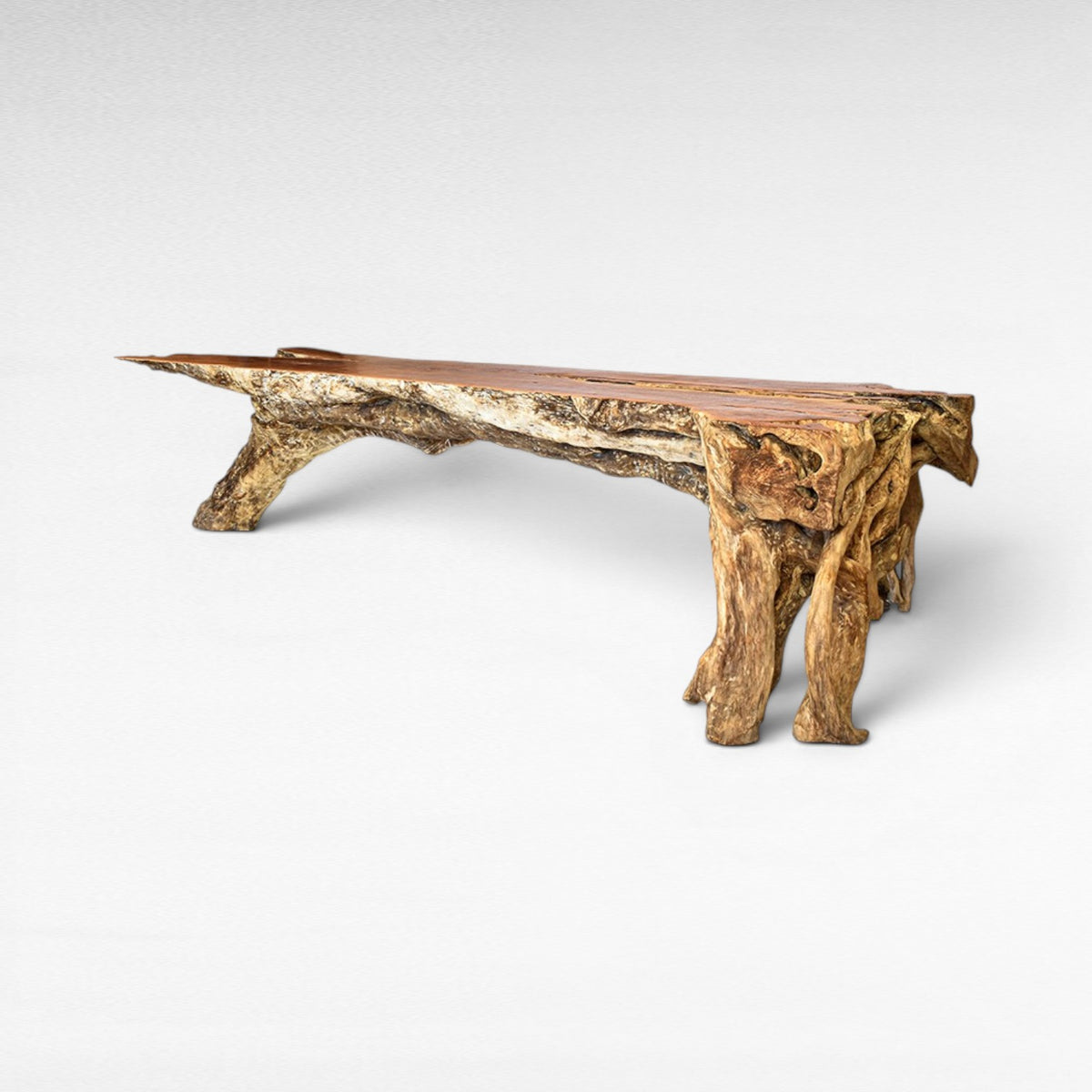Chora Barefoot Luxury Living natural wood console table with live edge and unique root base.