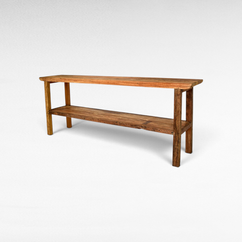Chora Barefoot Luxury Living natural wood console table with a lower shelf and rustic textured finish.