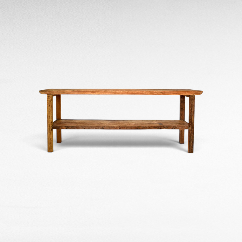 Chora Barefoot Luxury Living natural wood console table with a lower shelf and minimalist design.