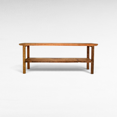 Chora Barefoot Luxury Living natural wood console table with a lower shelf and minimalist design.