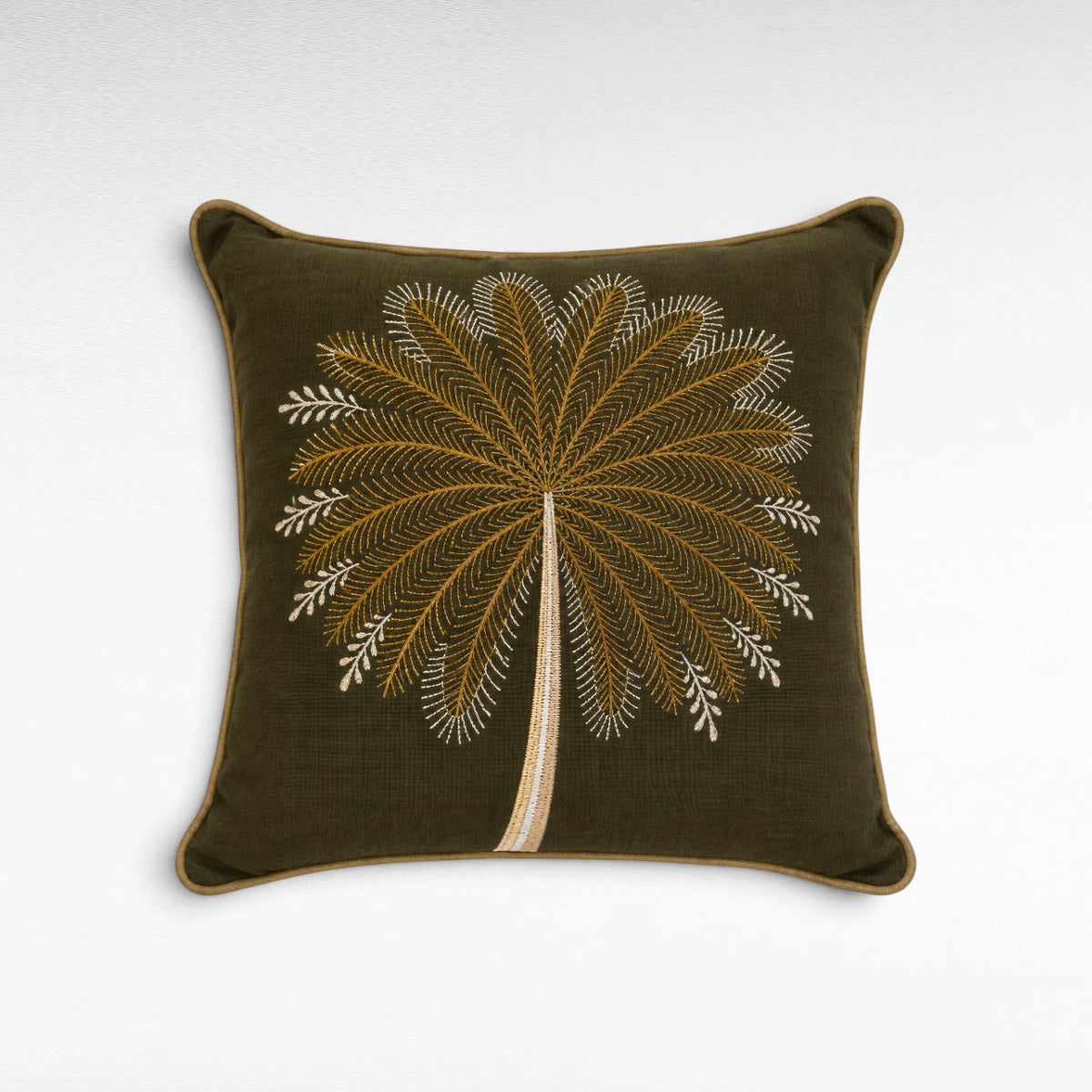 Chora Barefoot Luxury Living square olive green throw pillow with embroidered gold and white palm tree design