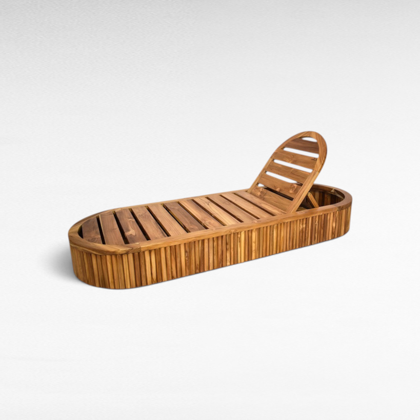Chora Barefoot Luxury Living oval teak wood sunbed with slatted design for outdoor relaxation areas.