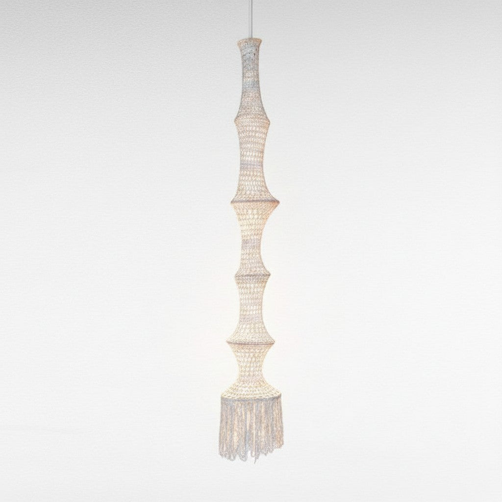 Chora Barefoot Luxury Living off white woven pagoda pendant light with fringe detail